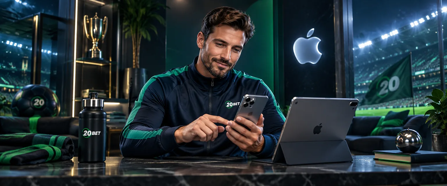 Adult man in 20Bet sportswear — Putting It on iPhone and iPad