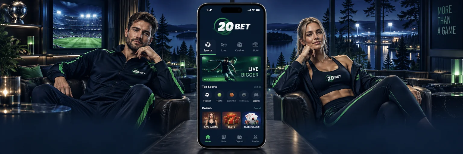 20Bet mobile app on a smartphone with two athletes in brand sportswear